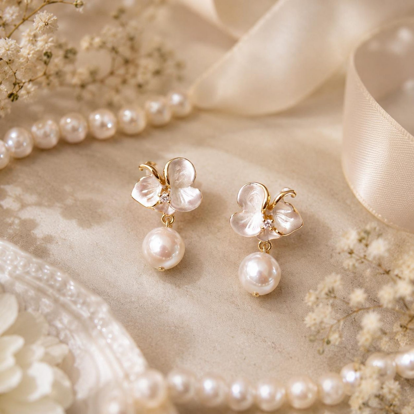 Mother of Pearl Flower Pearl Drop Earrings