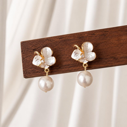 Mother of Pearl Flower Pearl Drop Earrings