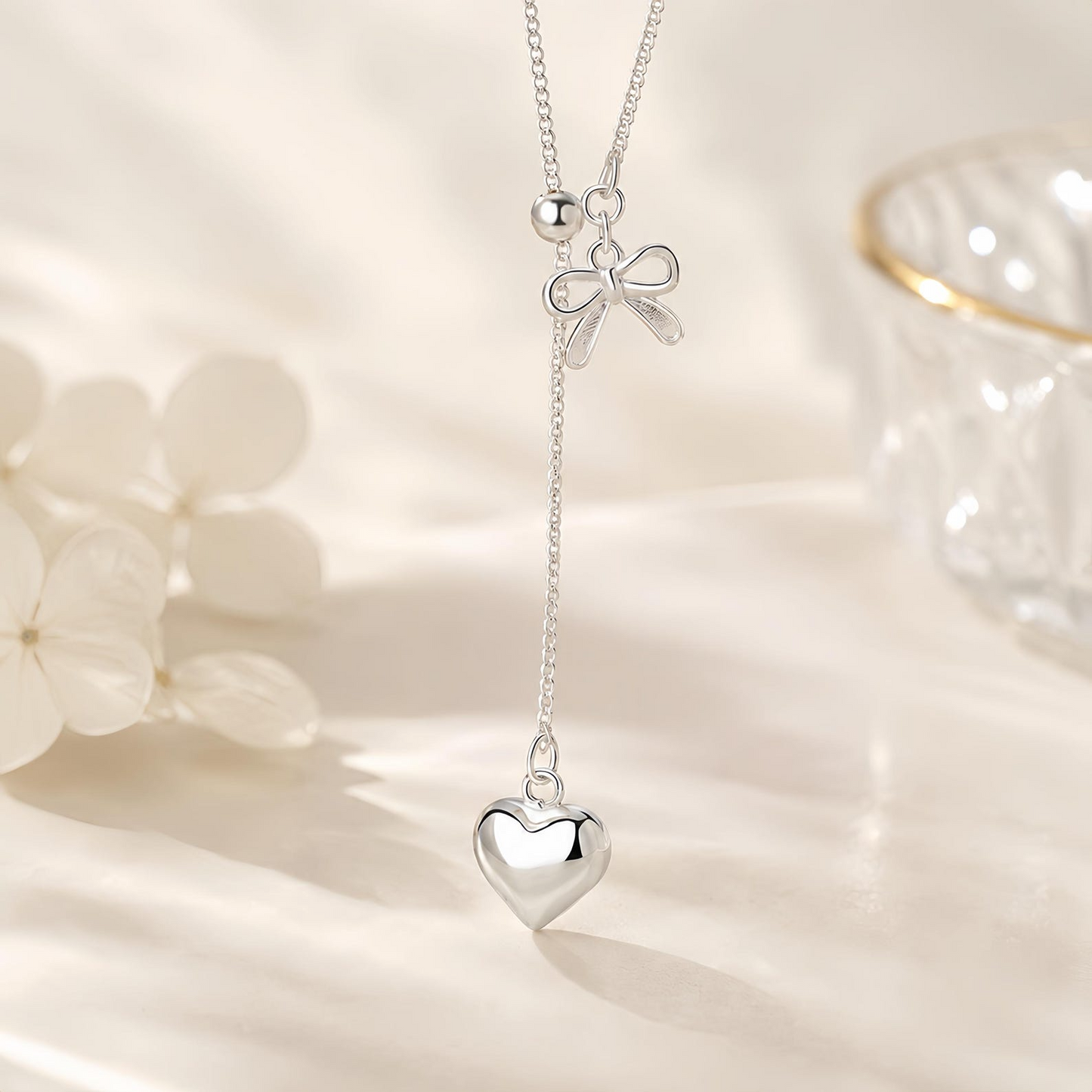 Sterling Silver Bow Heart Y Necklace
