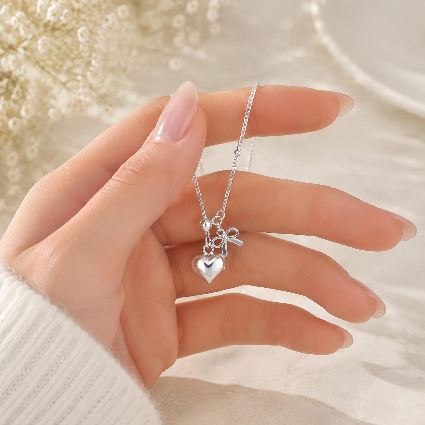 Sterling Silver Bow Heart Y Necklace